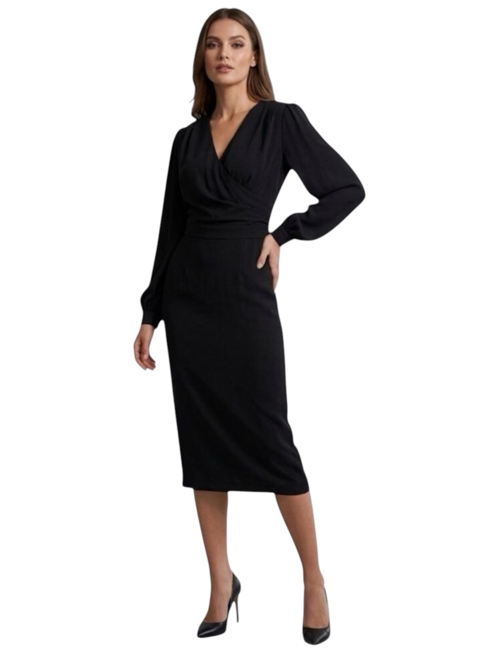 BGL Chic Professional Black V-Neck Midi Sheath Dress Long Sleeve Size 10 NWT